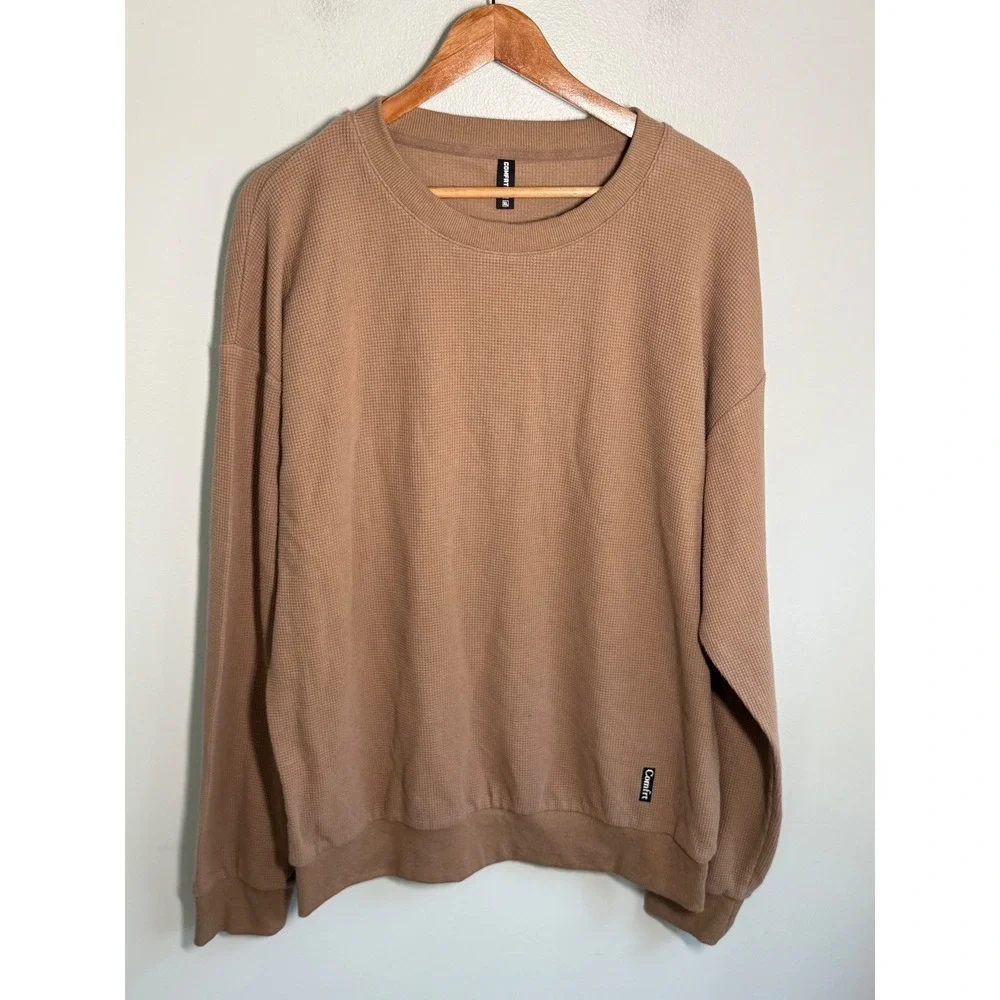 COMFRT Waffle Knit Sweatshirt XL Tan Brown Crewneck Oversized Thermal Pullover